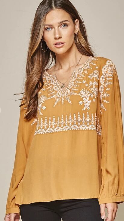 Savanna Jane Tops - Savanna Jane Marigold Embroidered Long Sleeve Blouse Plus Size 1X